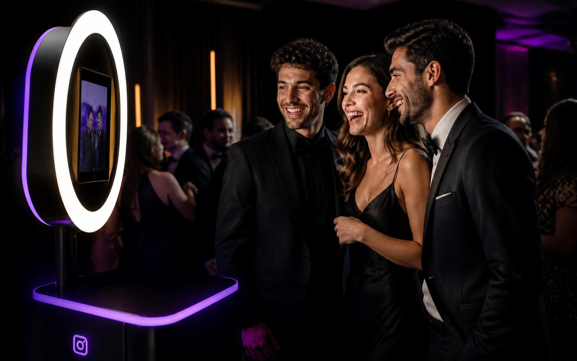 Guests laughing at a Pixelscue photobooth during an evening event